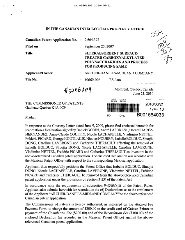 Canadian Patent Document 2664392. Correspondence 20100621. Image 1 of 8