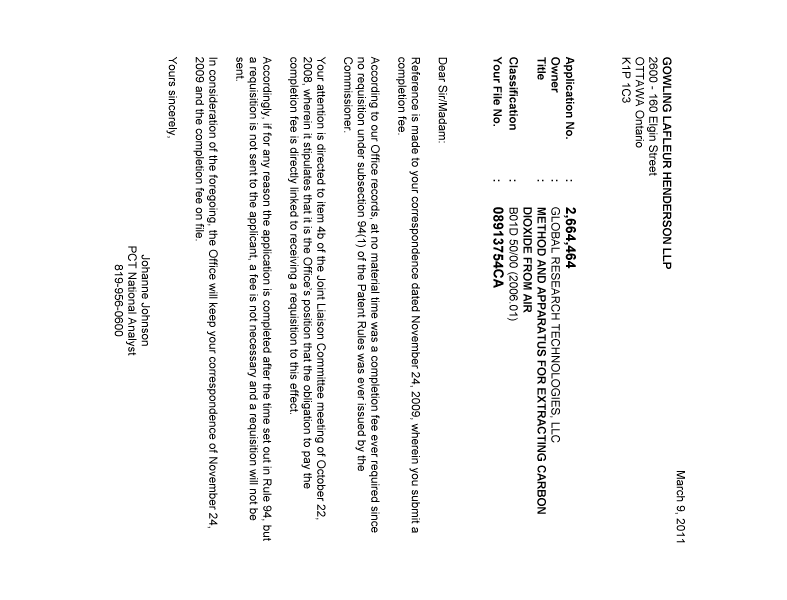 Document de brevet canadien 2664464. Correspondance 20110309. Image 1 de 1