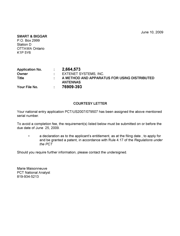 Document de brevet canadien 2664573. Correspondance 20090610. Image 1 de 1