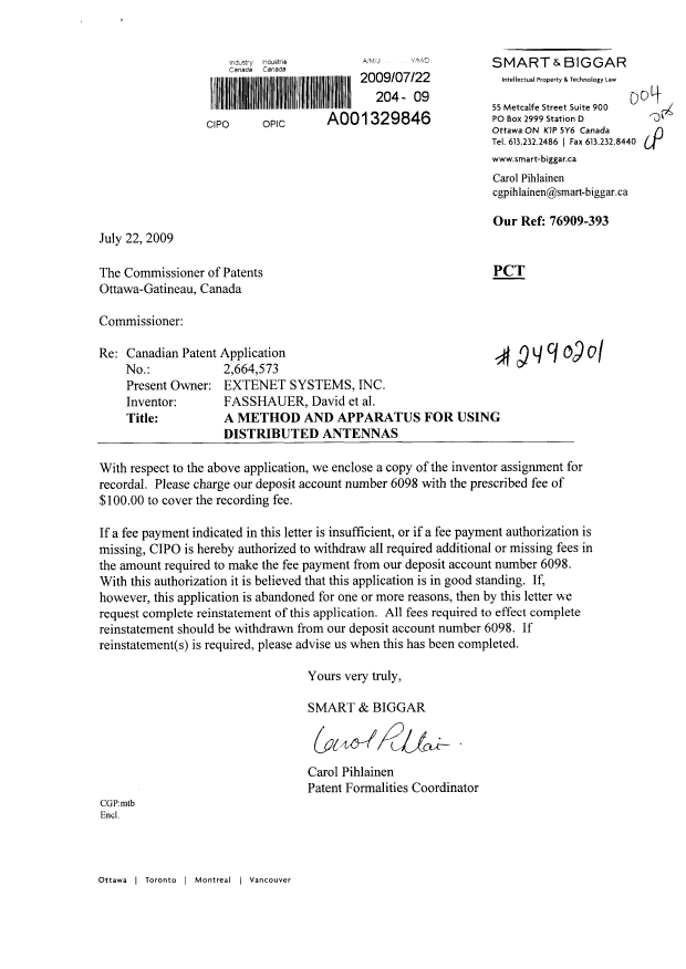 Document de brevet canadien 2664573. Cession 20090722. Image 1 de 7