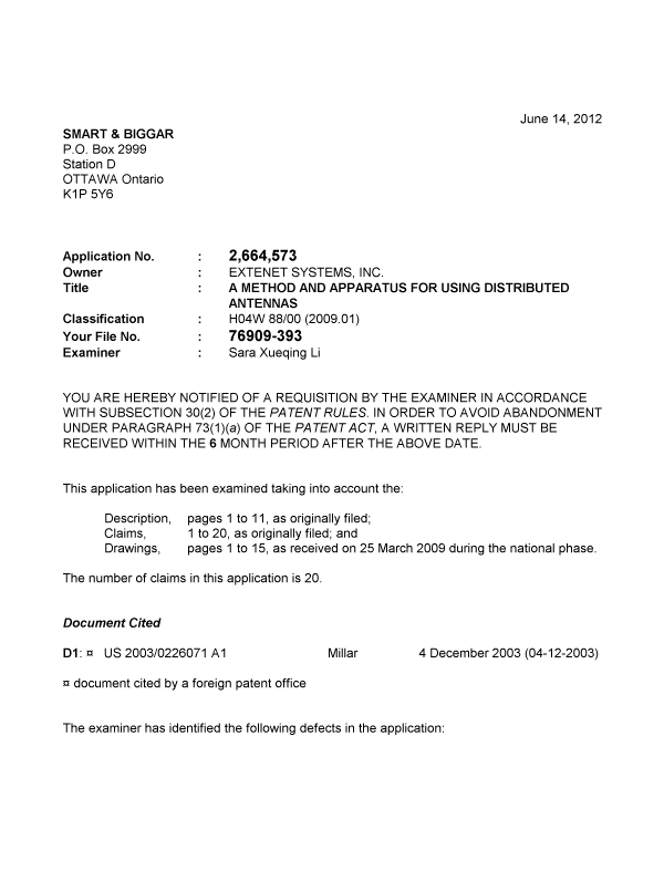 Document de brevet canadien 2664573. Poursuite-Amendment 20120614. Image 1 de 4