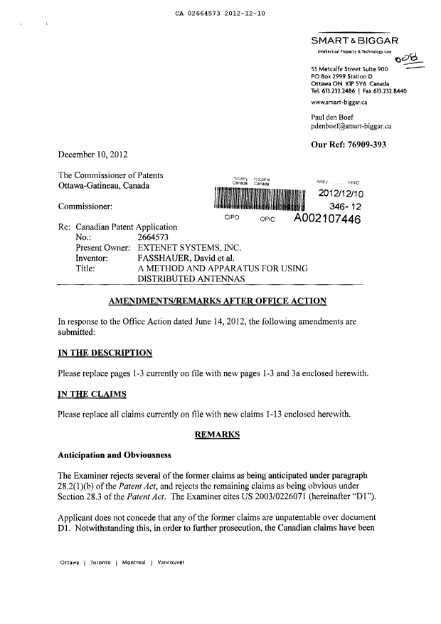Document de brevet canadien 2664573. Poursuite-Amendment 20121210. Image 1 de 11