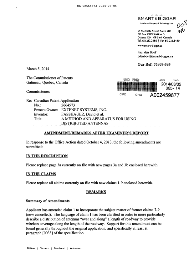 Document de brevet canadien 2664573. Poursuite-Amendment 20140305. Image 1 de 13