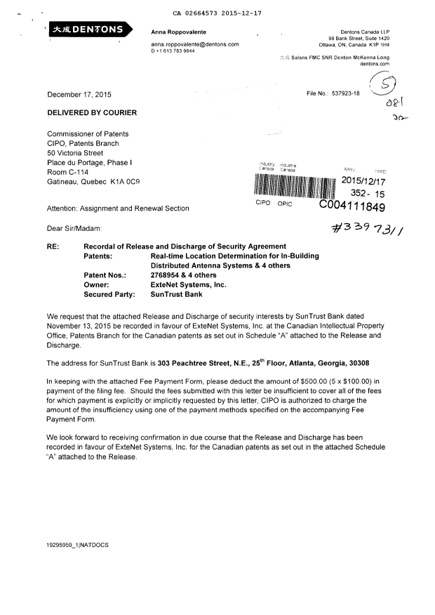 Document de brevet canadien 2664573. Cession 20151217. Image 1 de 4