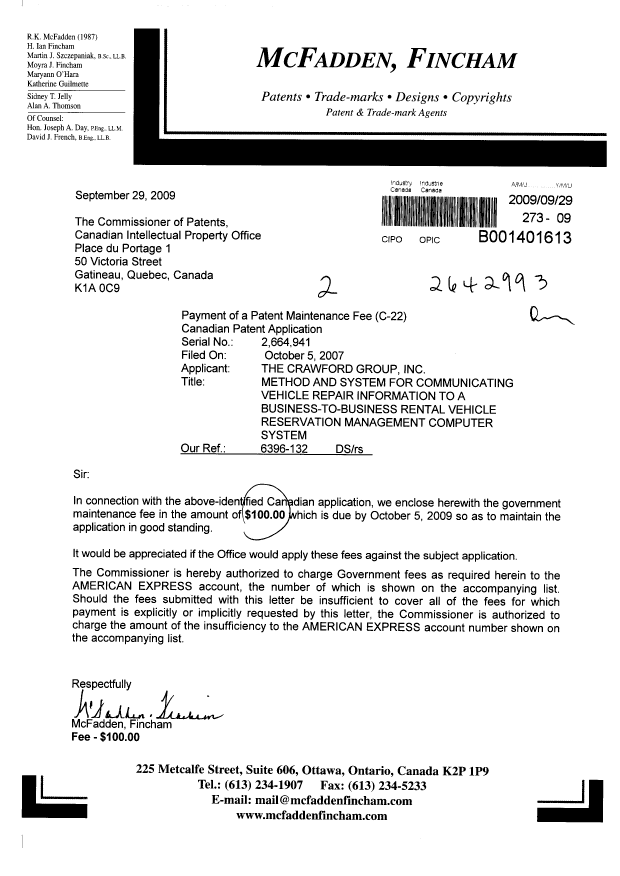 Document de brevet canadien 2664941. Taxes 20090929. Image 1 de 1