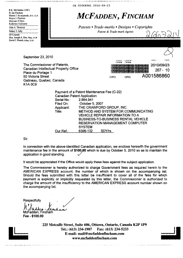 Document de brevet canadien 2664941. Taxes 20100923. Image 1 de 1