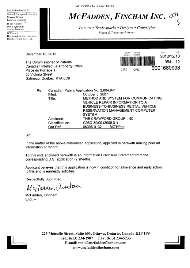 Document de brevet canadien 2664941. Poursuite-Amendment 20121218. Image 1 de 1