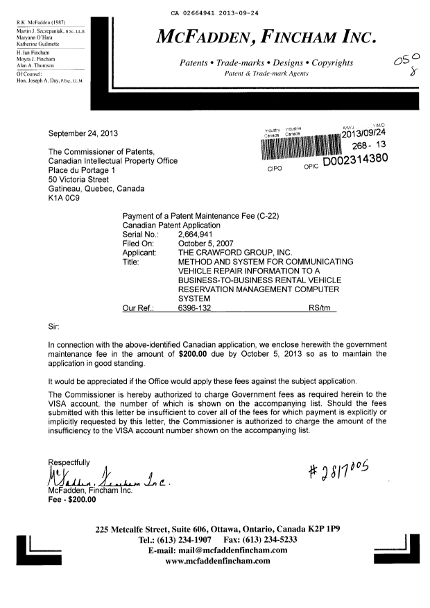 Document de brevet canadien 2664941. Taxes 20130924. Image 1 de 1