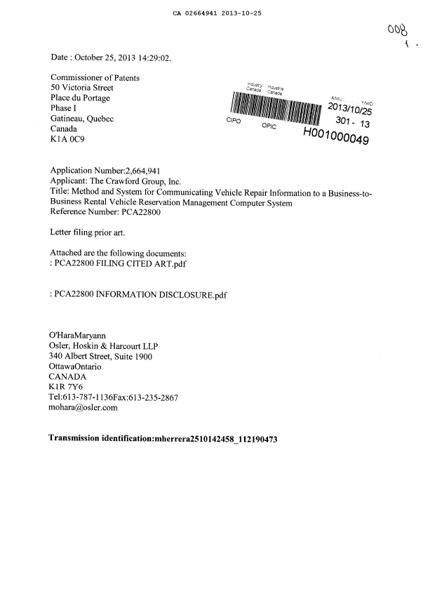 Document de brevet canadien 2664941. Poursuite-Amendment 20131025. Image 1 de 2