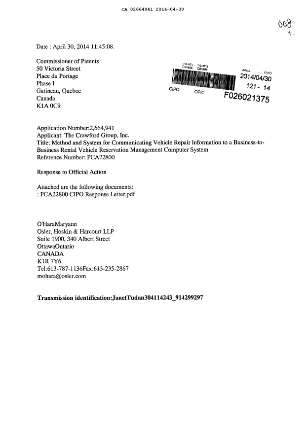 Document de brevet canadien 2664941. Poursuite-Amendment 20140430. Image 1 de 8
