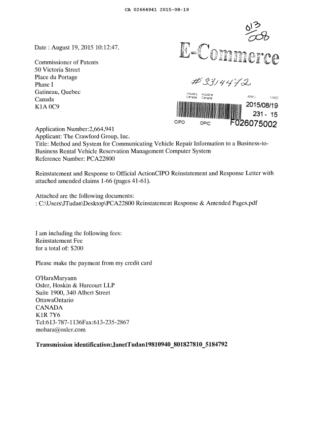 Document de brevet canadien 2664941. Modification 20150819. Image 1 de 51