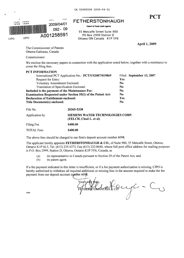 Document de brevet canadien 2665096. Cession 20090401. Image 1 de 5