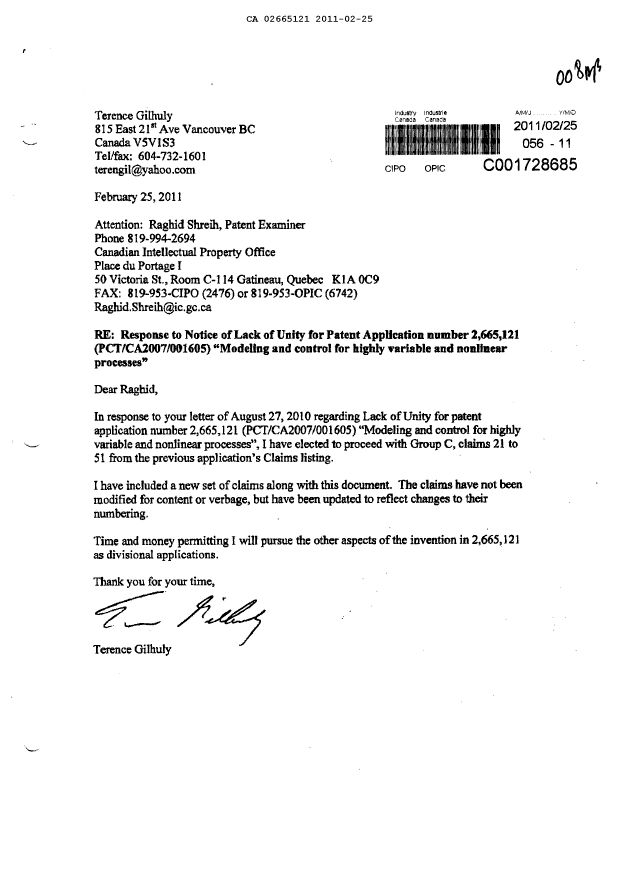 Document de brevet canadien 2665121. Poursuite-Amendment 20101225. Image 1 de 7