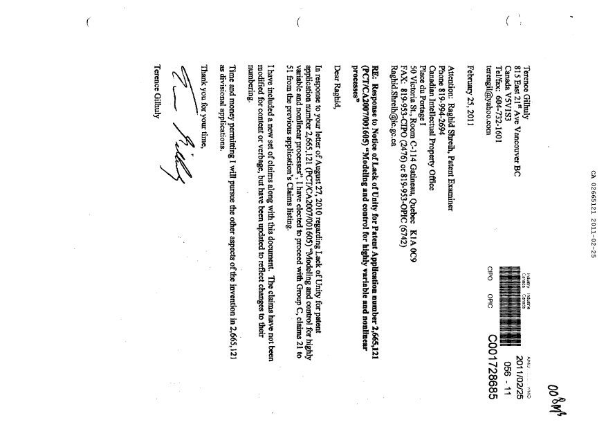 Canadian Patent Document 2665121. Prosecution-Amendment 20101225. Image 1 of 7