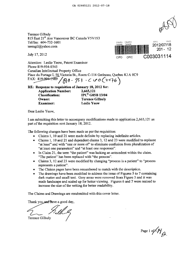 Document de brevet canadien 2665121. Poursuite-Amendment 20111218. Image 1 de 14