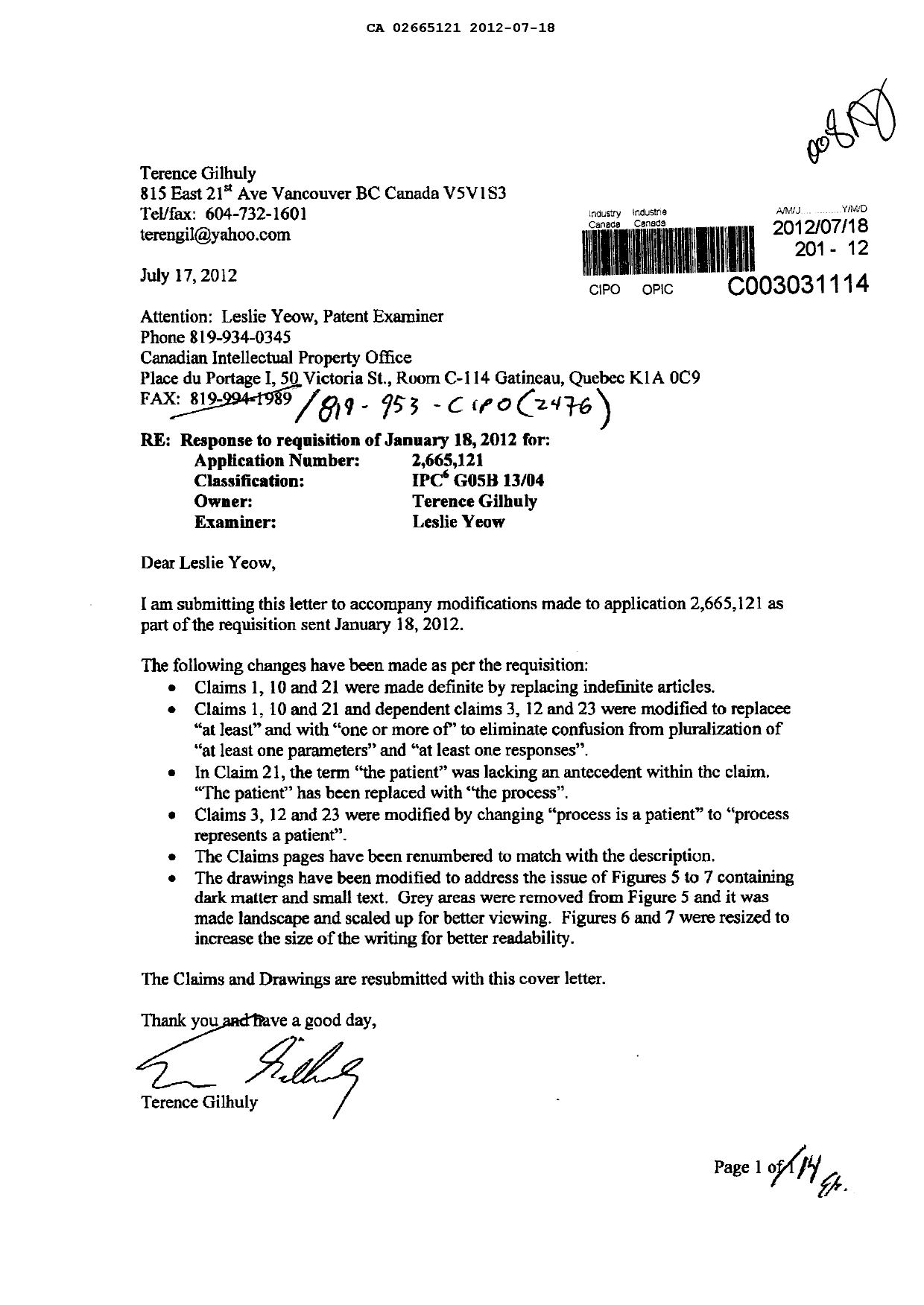 Document de brevet canadien 2665121. Poursuite-Amendment 20111218. Image 1 de 14