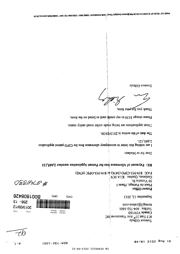 Document de brevet canadien 2665121. Correspondance 20121212. Image 1 de 1
