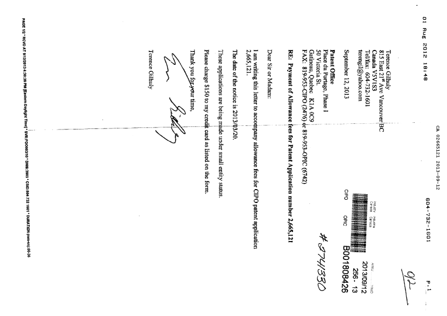 Document de brevet canadien 2665121. Correspondance 20121212. Image 1 de 1