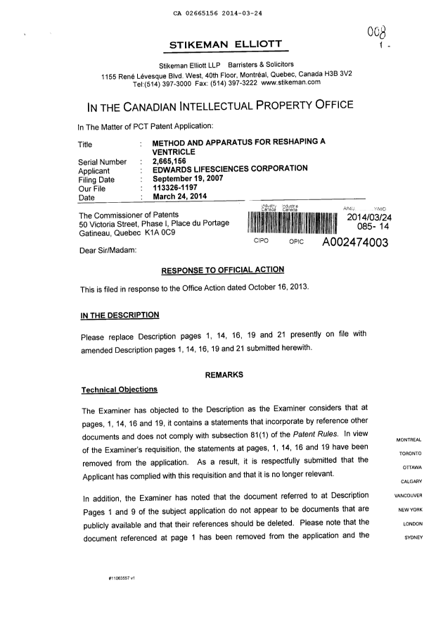 Canadian Patent Document 2665156. Prosecution-Amendment 20140324. Image 1 of 7