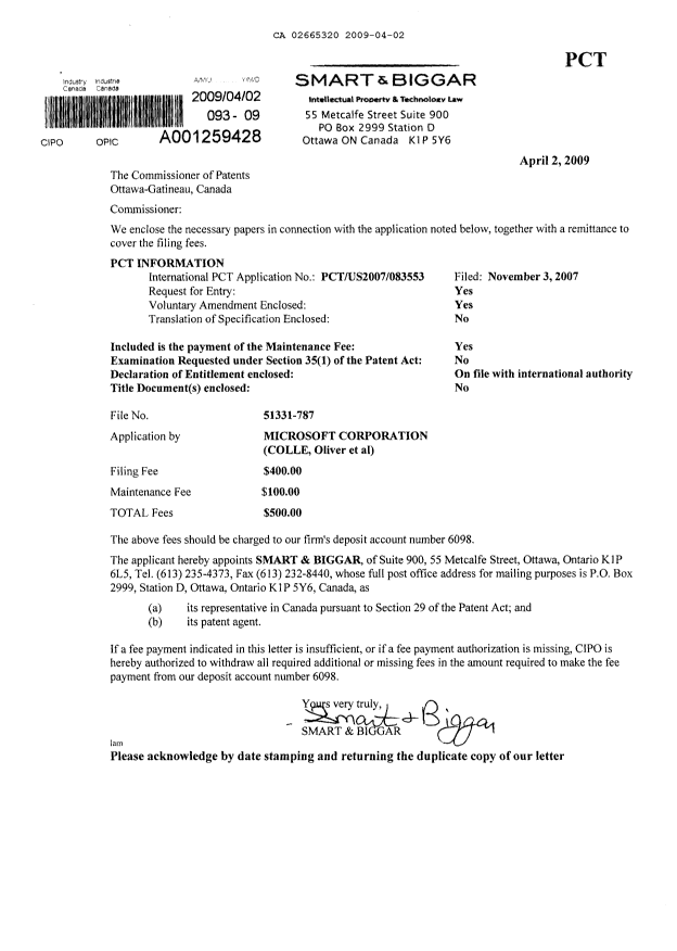 Document de brevet canadien 2665320. Cession 20090402. Image 1 de 4
