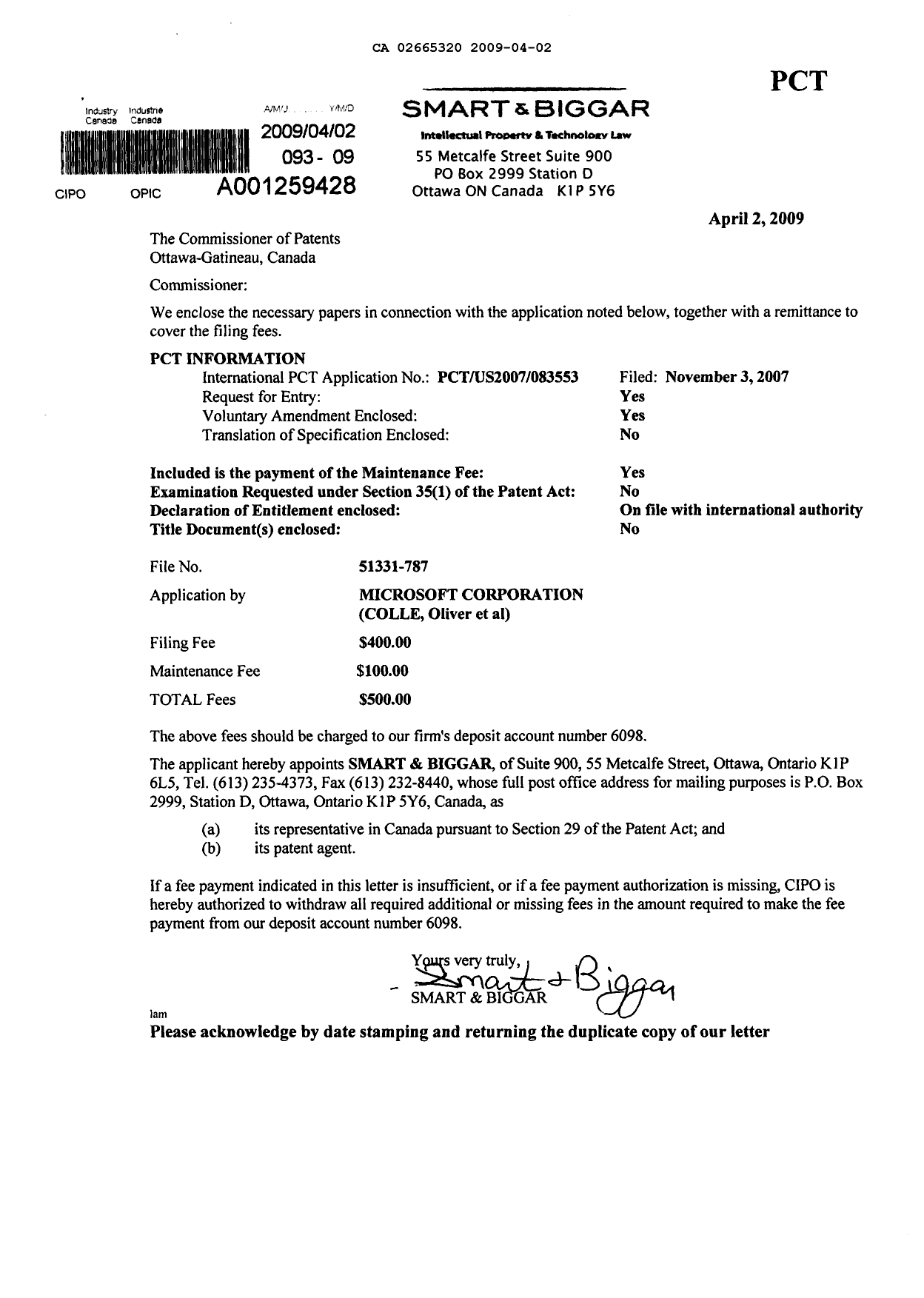 Canadian Patent Document 2665320. Assignment 20090402. Image 1 of 4