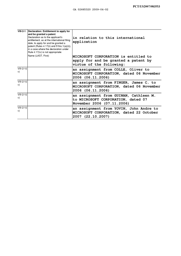 Canadian Patent Document 2665320. Assignment 20090402. Image 4 of 4