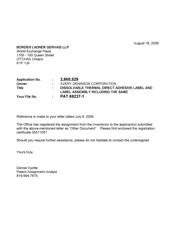 Canadian Patent Document 2665529. Correspondence 20090818. Image 1 of 1
