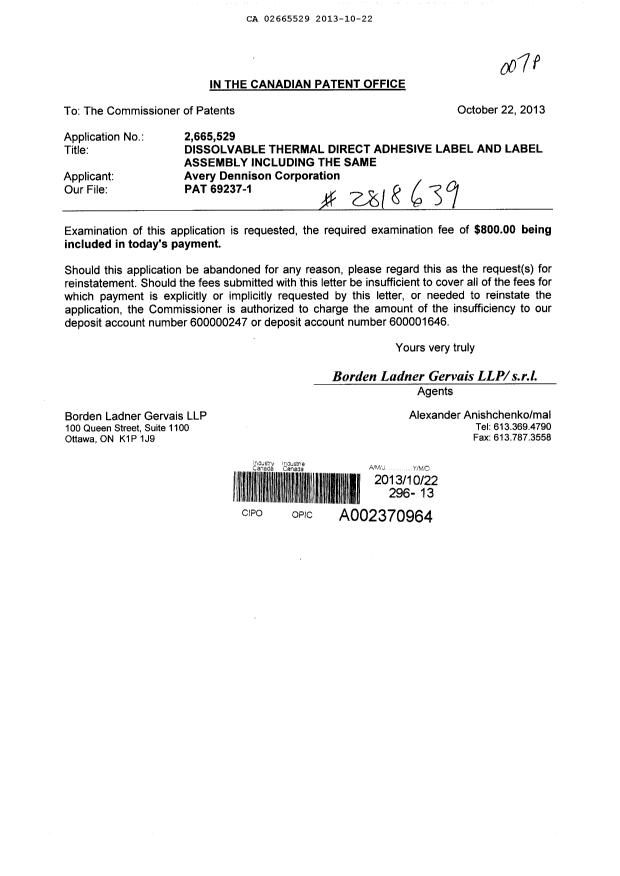 Canadian Patent Document 2665529. Prosecution-Amendment 20131022. Image 1 of 1