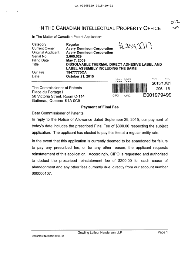 Canadian Patent Document 2665529. Final Fee 20151021. Image 1 of 2
