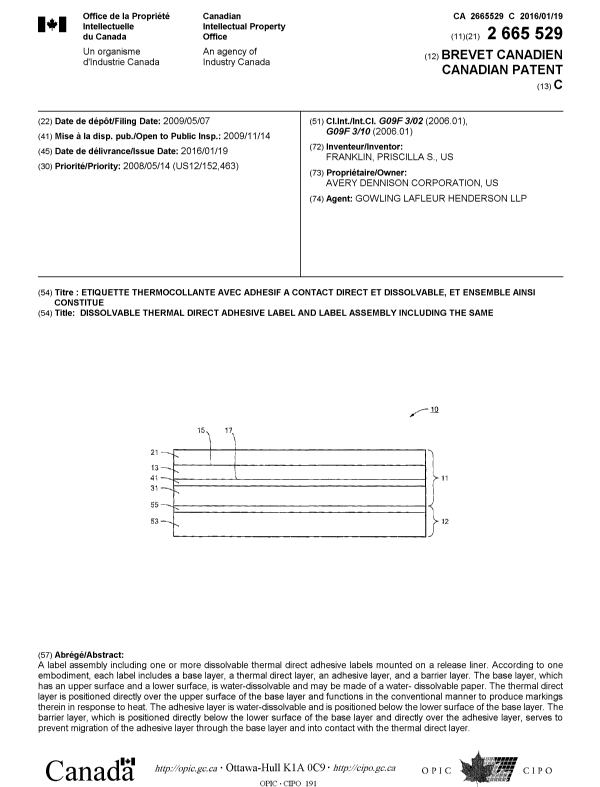 Canadian Patent Document 2665529. Cover Page 20151223. Image 1 of 1