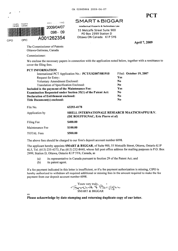 Canadian Patent Document 2665864. Assignment 20090407. Image 1 of 2