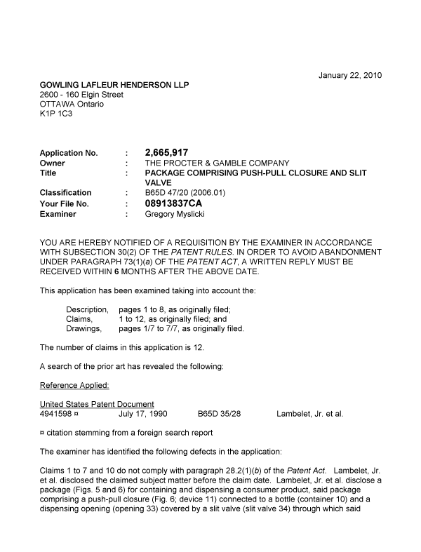 Canadian Patent Document 2665917. Prosecution-Amendment 20100122. Image 1 of 2