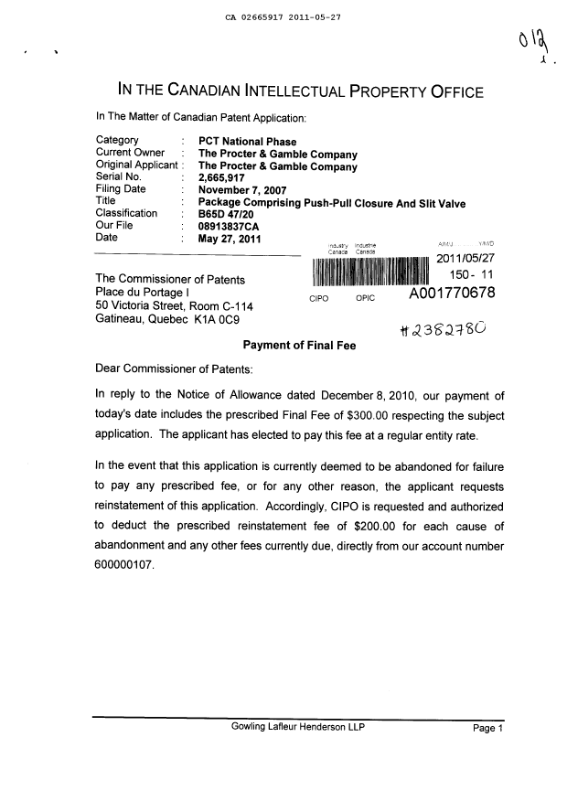 Document de brevet canadien 2665917. Correspondance 20110527. Image 1 de 2