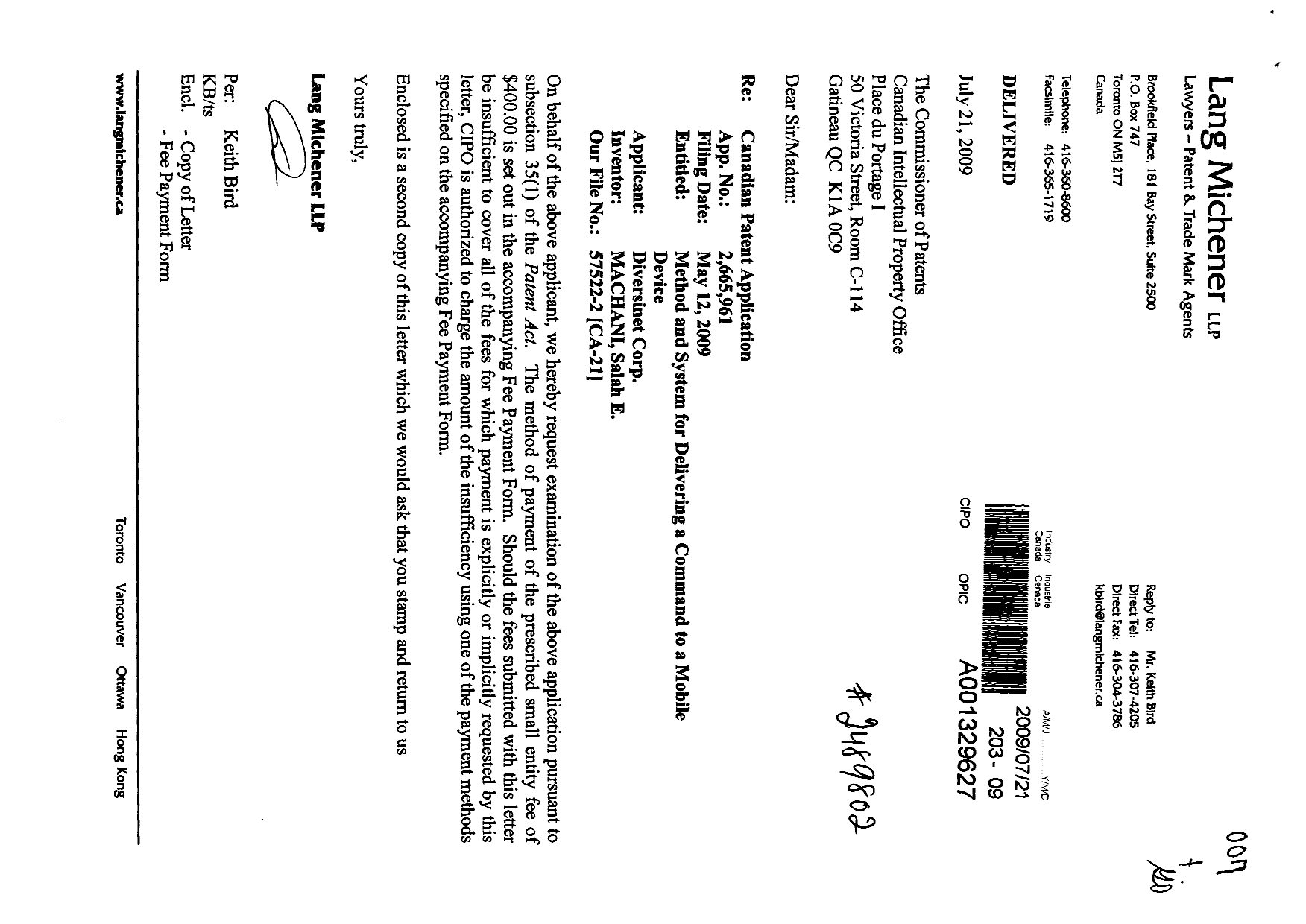 Canadian Patent Document 2665961. Prosecution-Amendment 20081221. Image 1 of 1