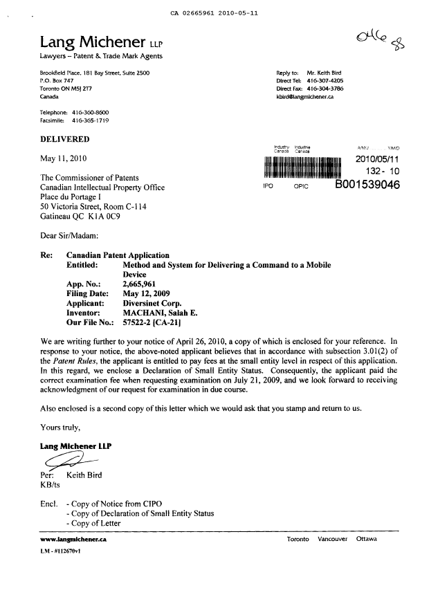 Canadian Patent Document 2665961. Correspondence 20091211. Image 1 of 3