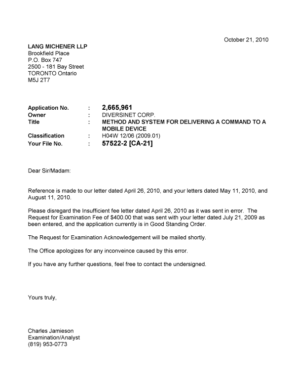 Canadian Patent Document 2665961. Correspondence 20091221. Image 1 of 1