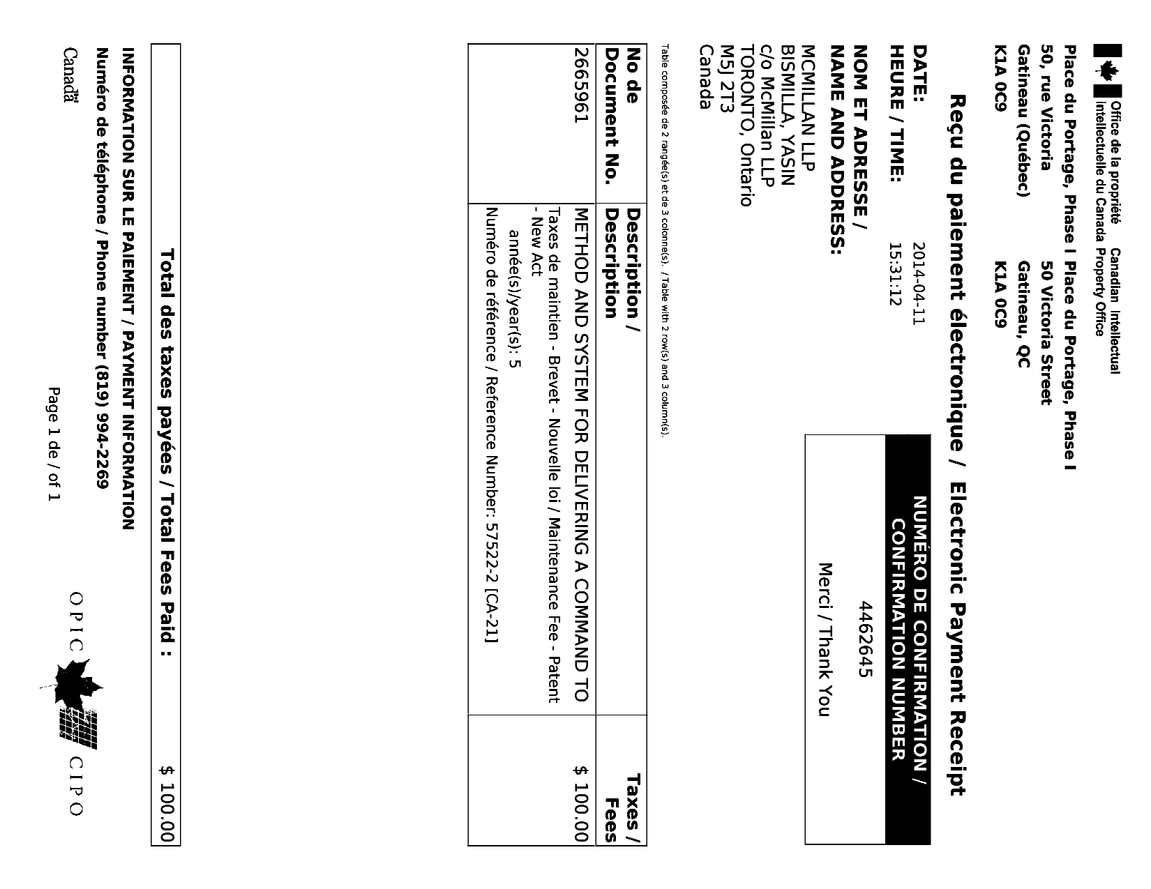 Document de brevet canadien 2665961. Taxes 20131211. Image 1 de 1