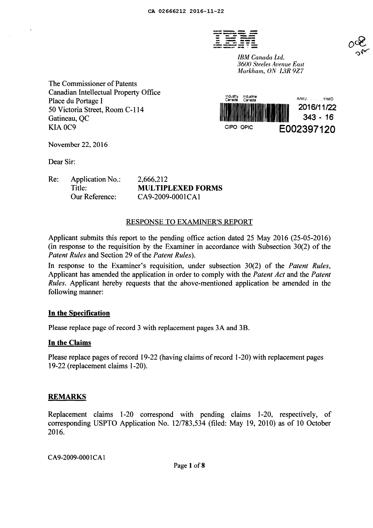 Document de brevet canadien 2666212. Poursuite-Amendment 20151222. Image 1 de 14