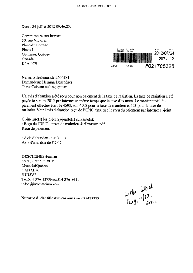 Document de brevet canadien 2666284. Correspondance 20111224. Image 1 de 5