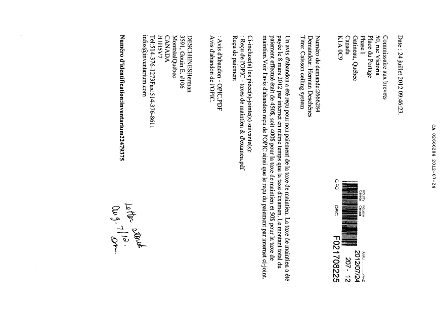 Document de brevet canadien 2666284. Correspondance 20111224. Image 1 de 5