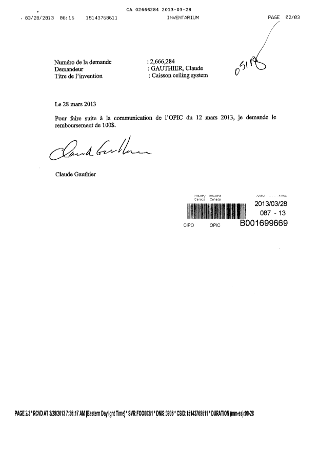 Document de brevet canadien 2666284. Correspondance 20121228. Image 1 de 3