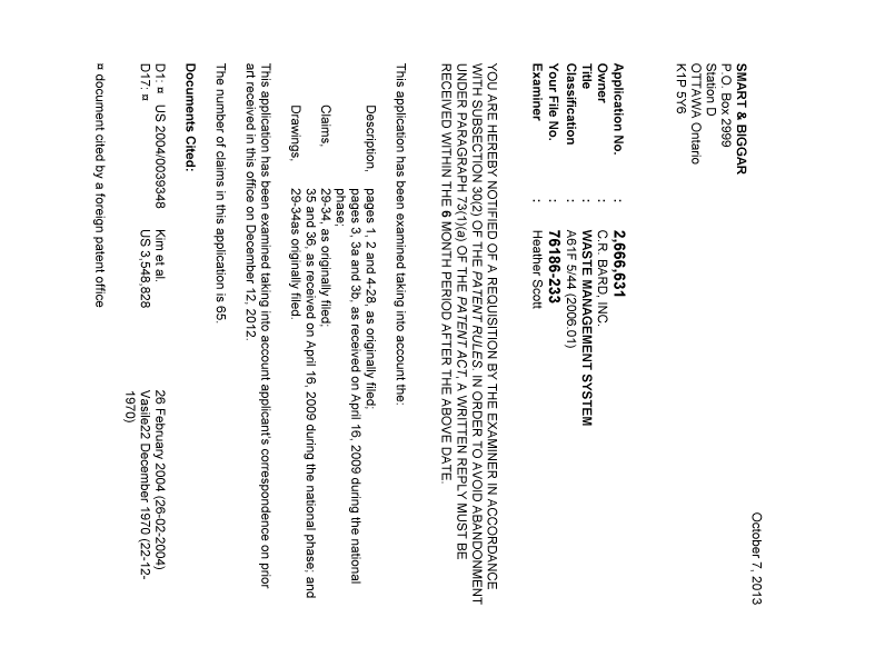 Canadian Patent Document 2666631. Prosecution-Amendment 20131007. Image 1 of 6