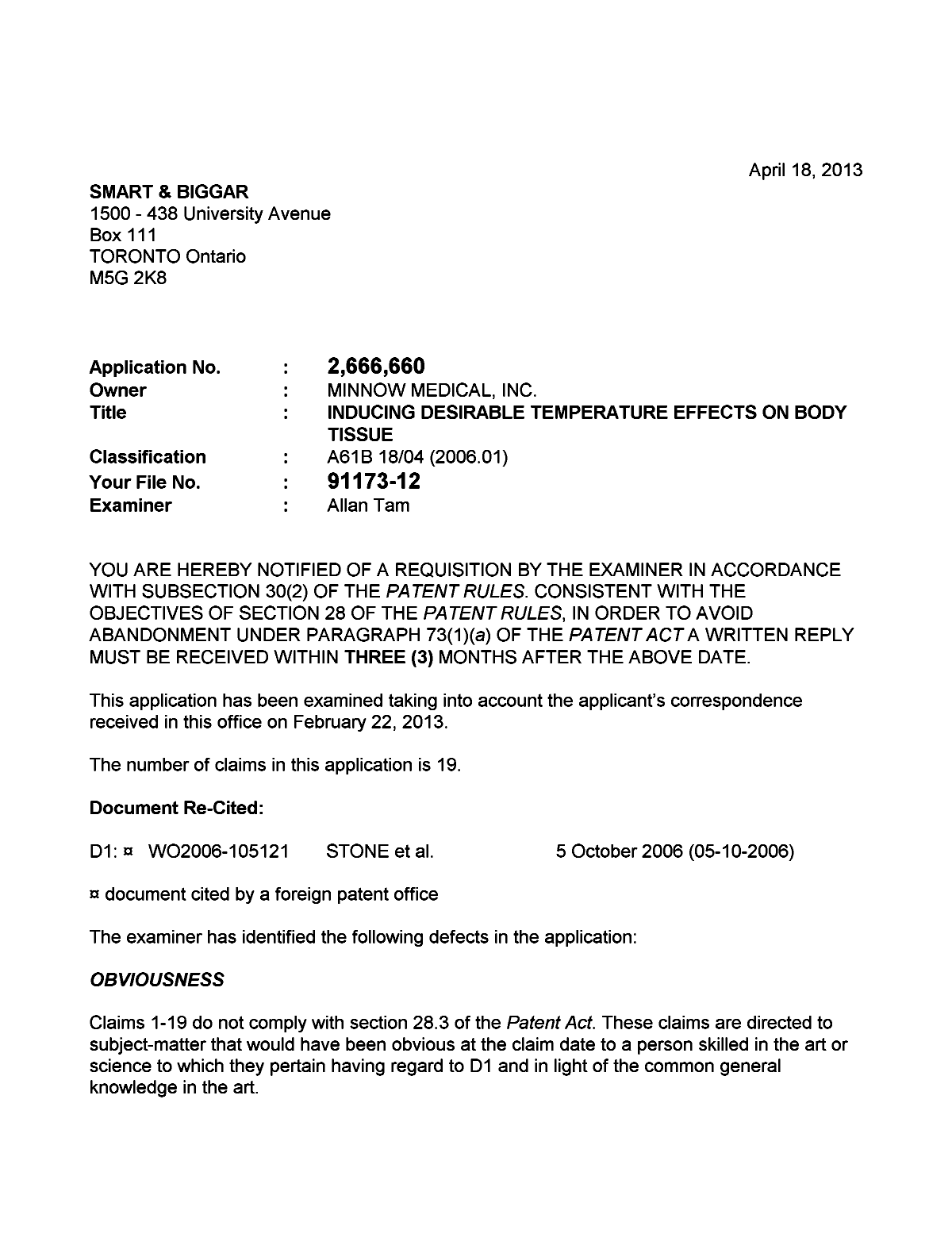 Canadian Patent Document 2666660. Prosecution-Amendment 20130418. Image 1 of 3