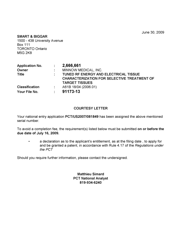 Document de brevet canadien 2666661. Correspondance 20090630. Image 1 de 1