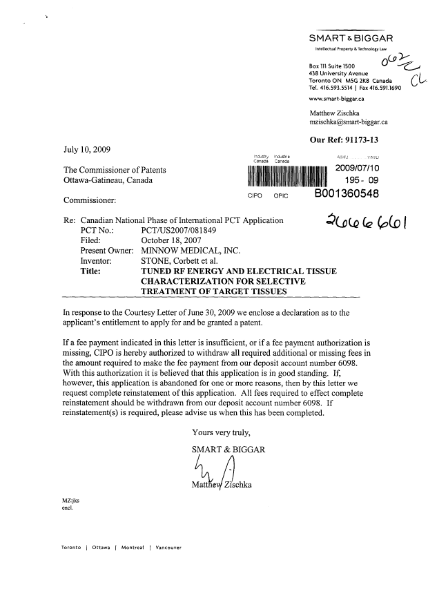 Document de brevet canadien 2666661. Correspondance 20090710. Image 1 de 2