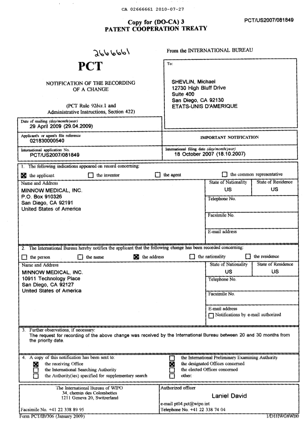 Document de brevet canadien 2666661. PCT 20100727. Image 1 de 1