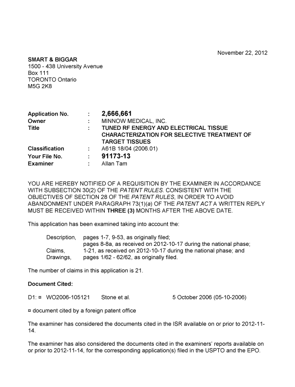 Canadian Patent Document 2666661. Prosecution-Amendment 20121122. Image 1 of 3