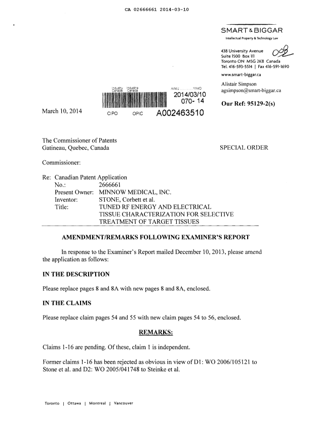 Document de brevet canadien 2666661. Poursuite-Amendment 20140310. Image 1 de 12