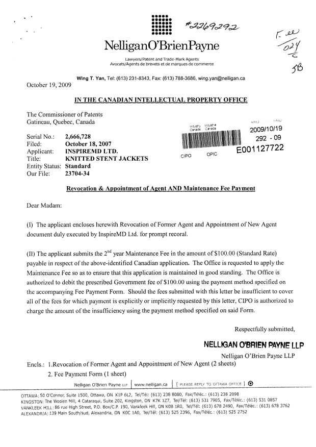 Canadian Patent Document 2666728. Correspondence 20091019. Image 1 of 3