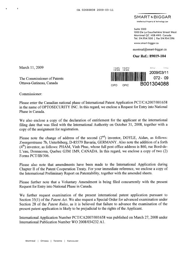 Document de brevet canadien 2666838. Cession 20090311. Image 1 de 9